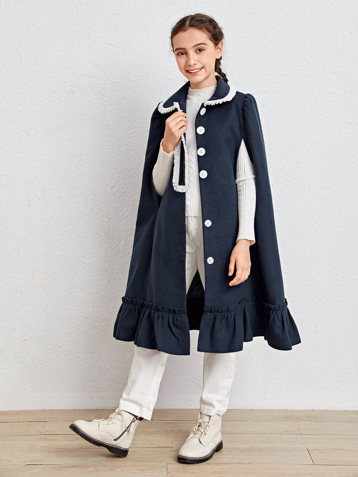 Girls Frill Detail Button Front Cape Coat