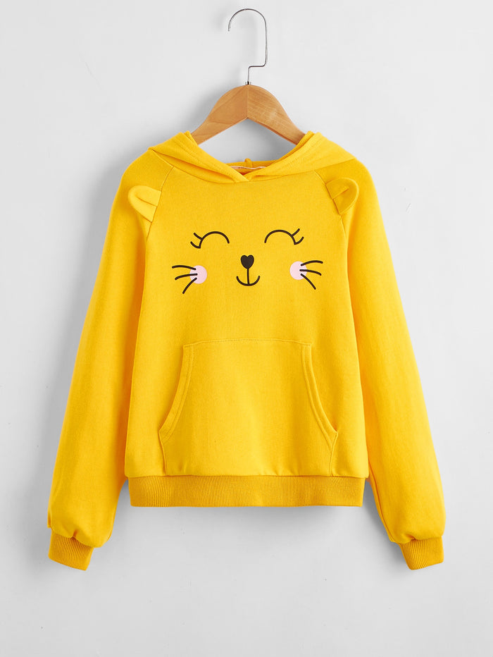 Girls Ear Detail Cartoon Print Hoodie