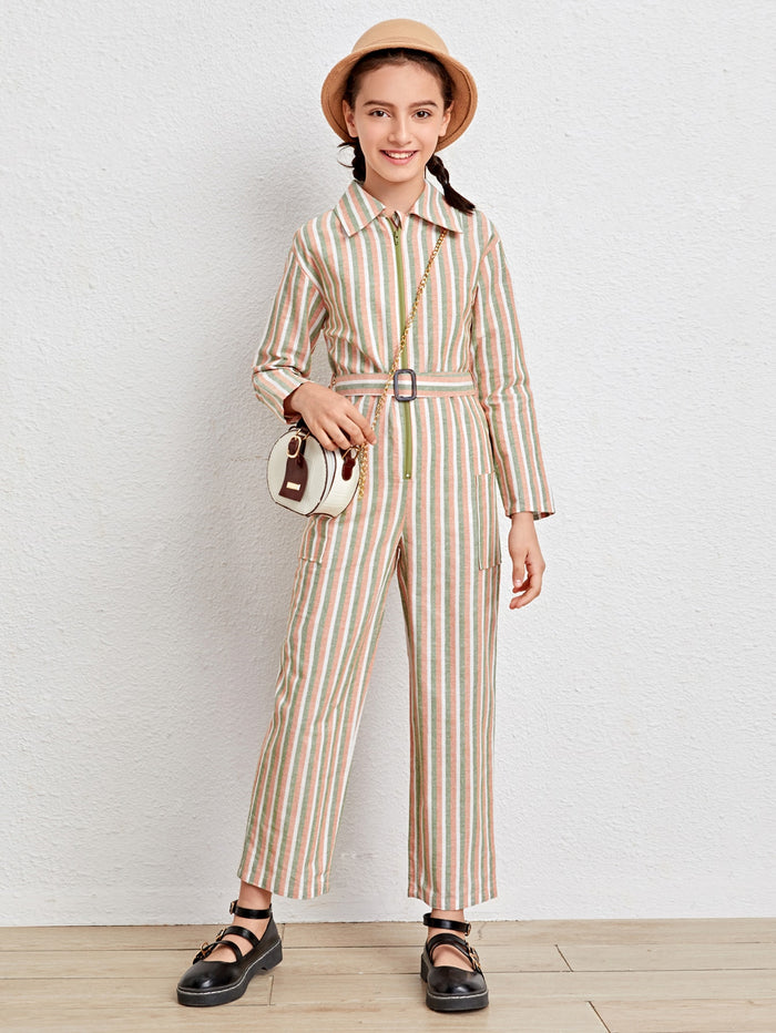 Girls Self Belted Striped Jumpsuit