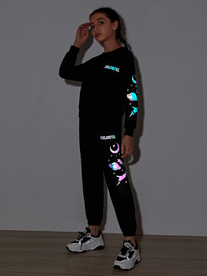 Girls Letter and Galaxy Print Pullover & Joggers Set