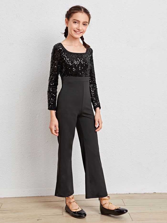 Girls Sequin Bodice Flare Leg Jumpsuit