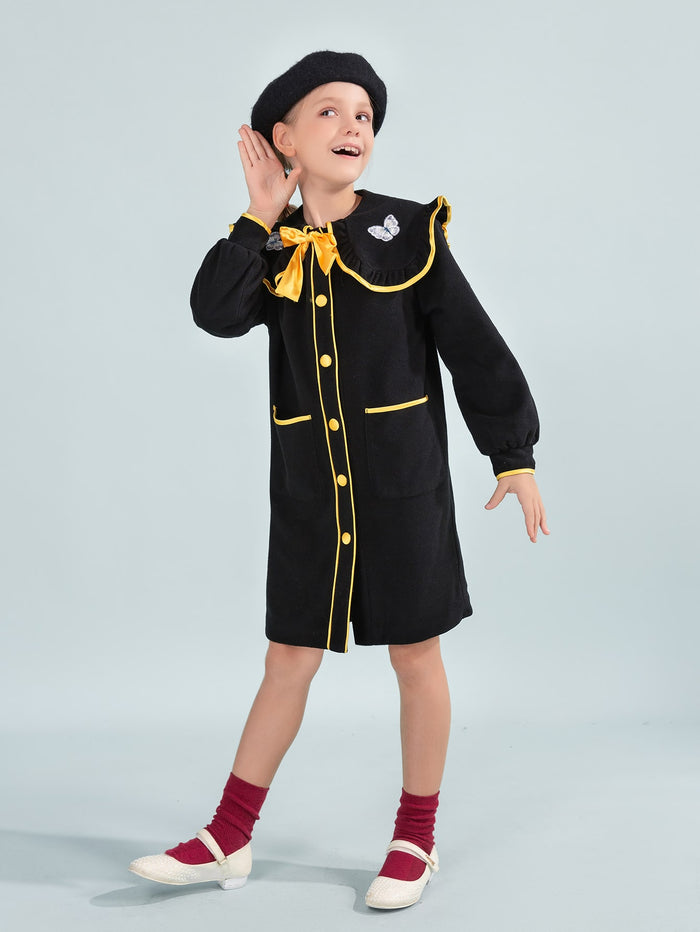 Girls Peter Pan Collar Contrast Binding Coat