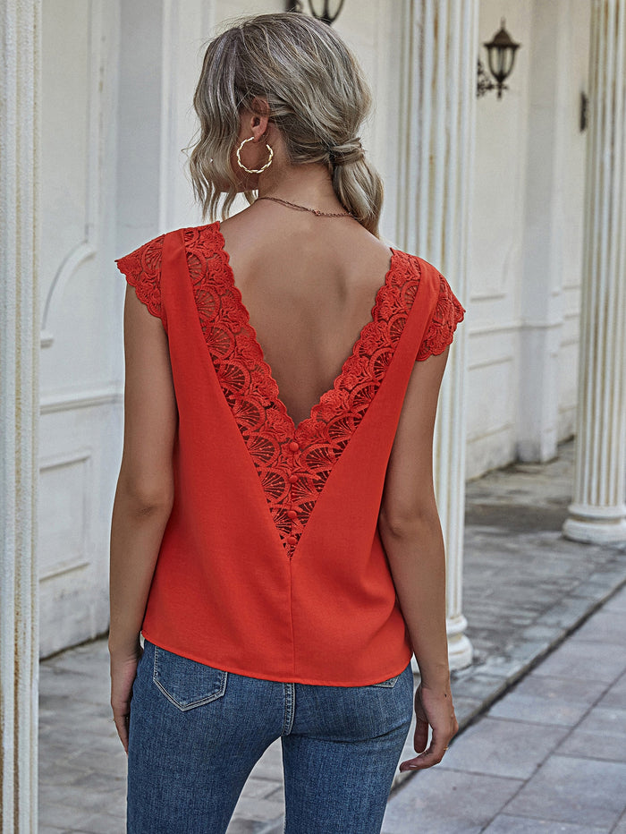 Guipure Lace Panel Button Up Blouse Red