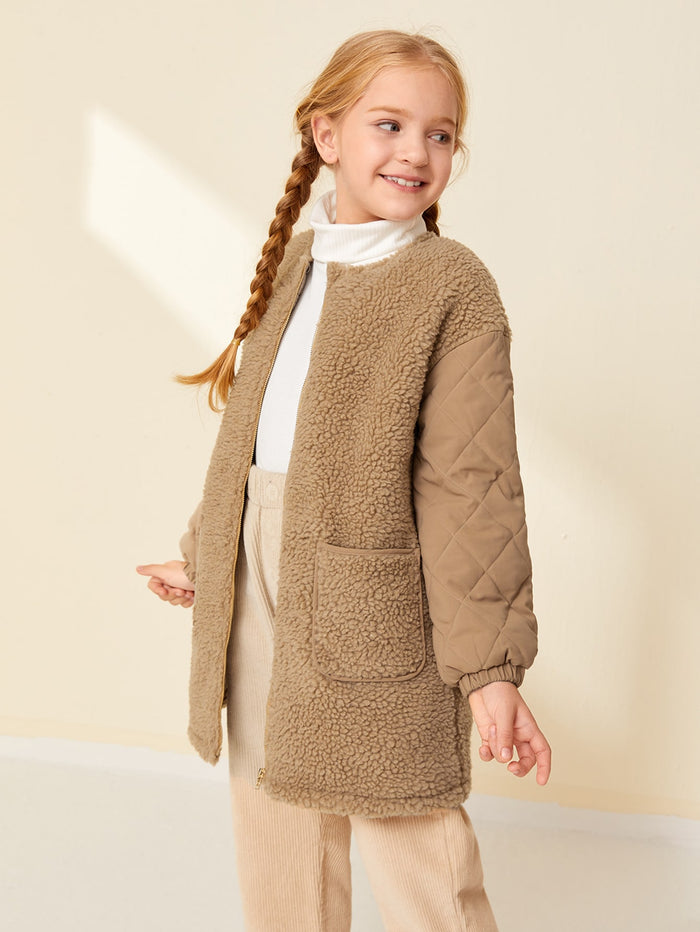 Girls Drop Shoulder Patch Pocket Teddy Coat