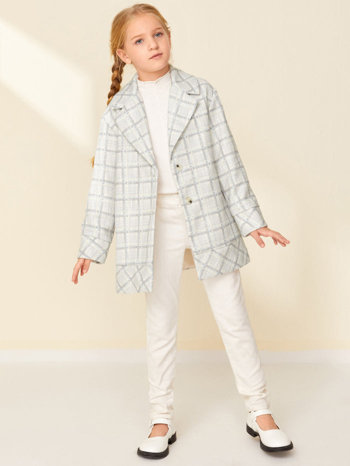 Girls Notched Collar Buttoned Front Tweed Coat