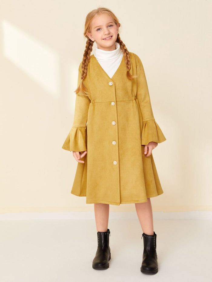 Girls Flounce Sleeve Buttoned Front Coat