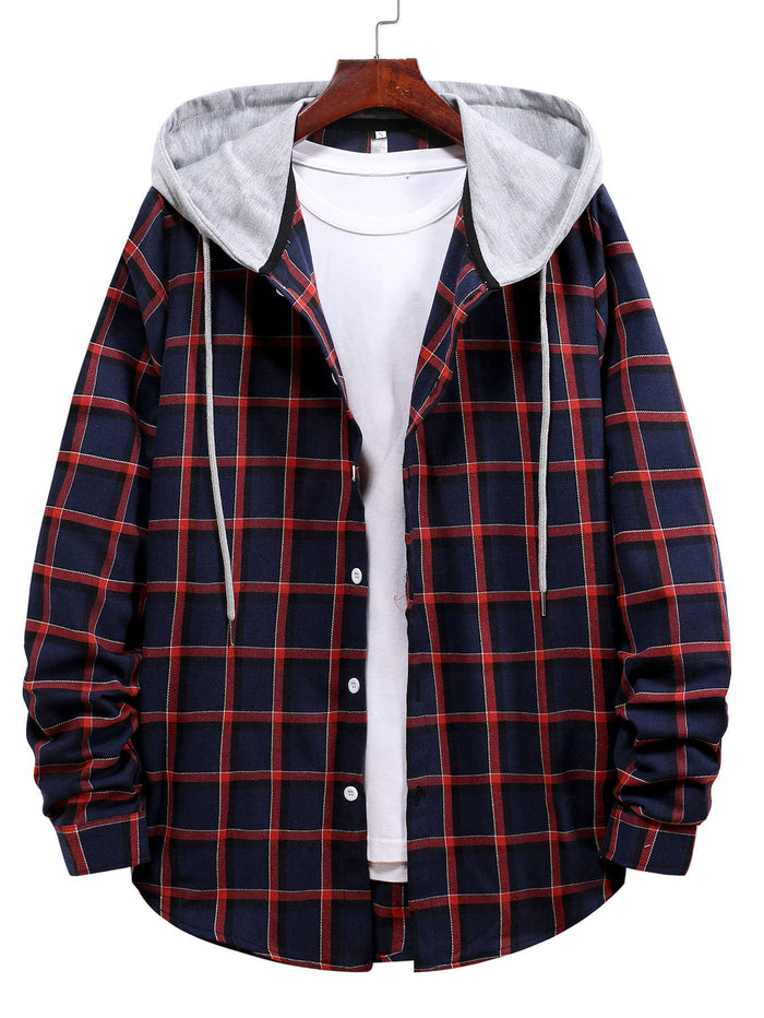 Men Plaid Drawstring Hooded Shacket
