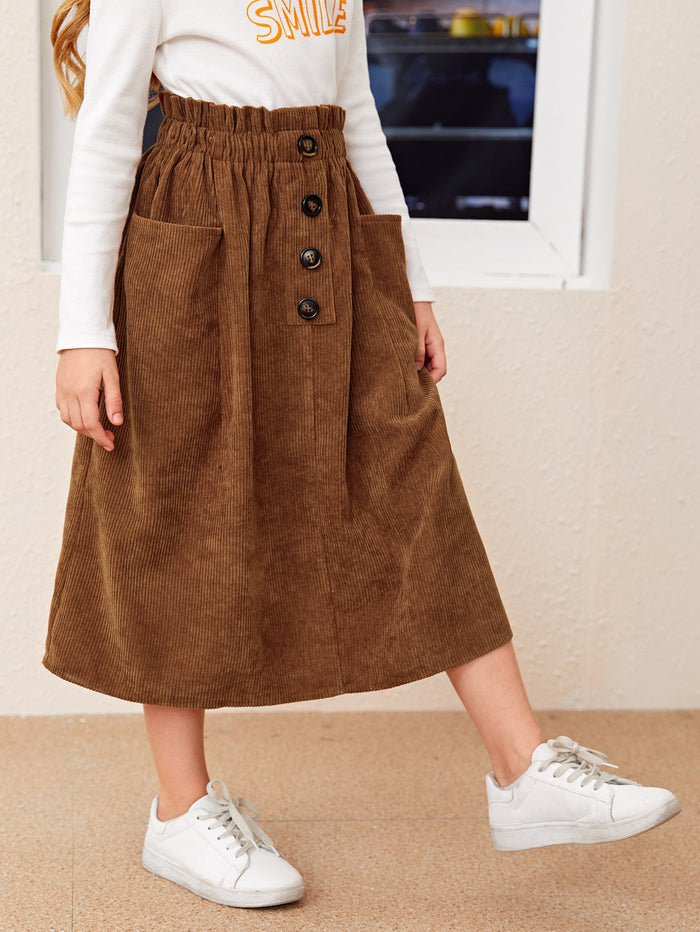 Girls Buttoned Front Slant Pocket Cord Skirt