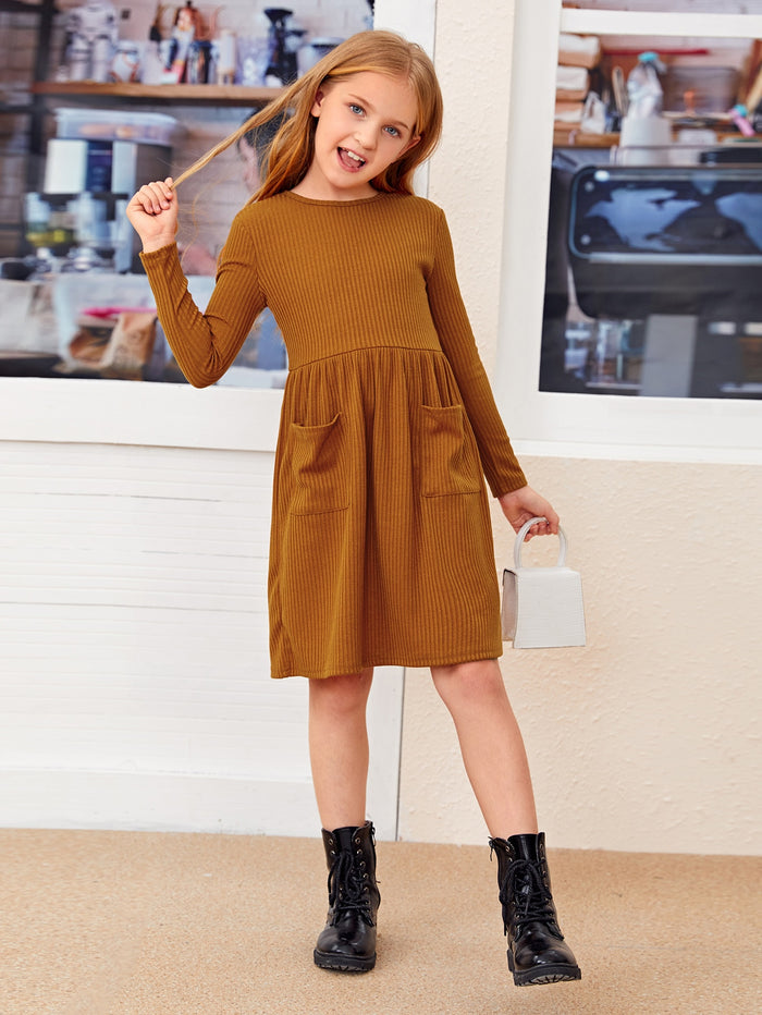 Girls Patch Pocket Rib-knit Dress Brown