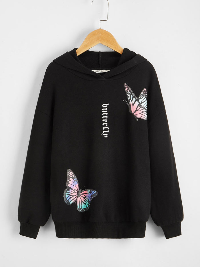Girls Drop Shoulder Letter and Butterfly Print Hoodie Black