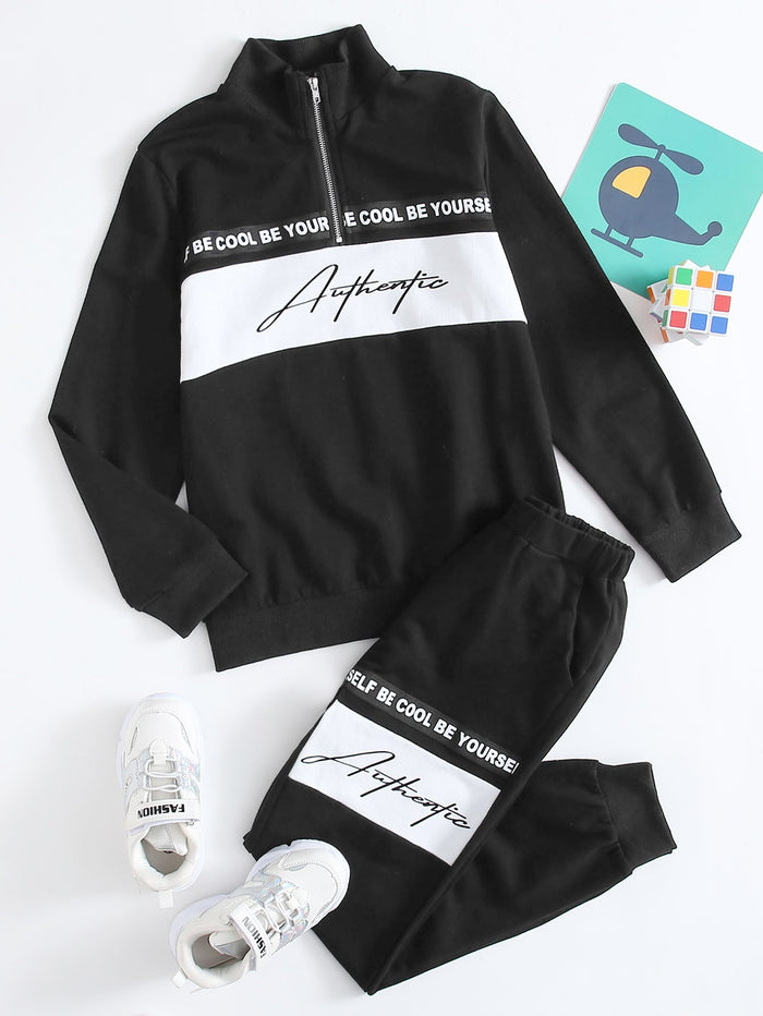 Boys Slogan Graphic Zipper Half Placket Pullover & Sweatpants Set