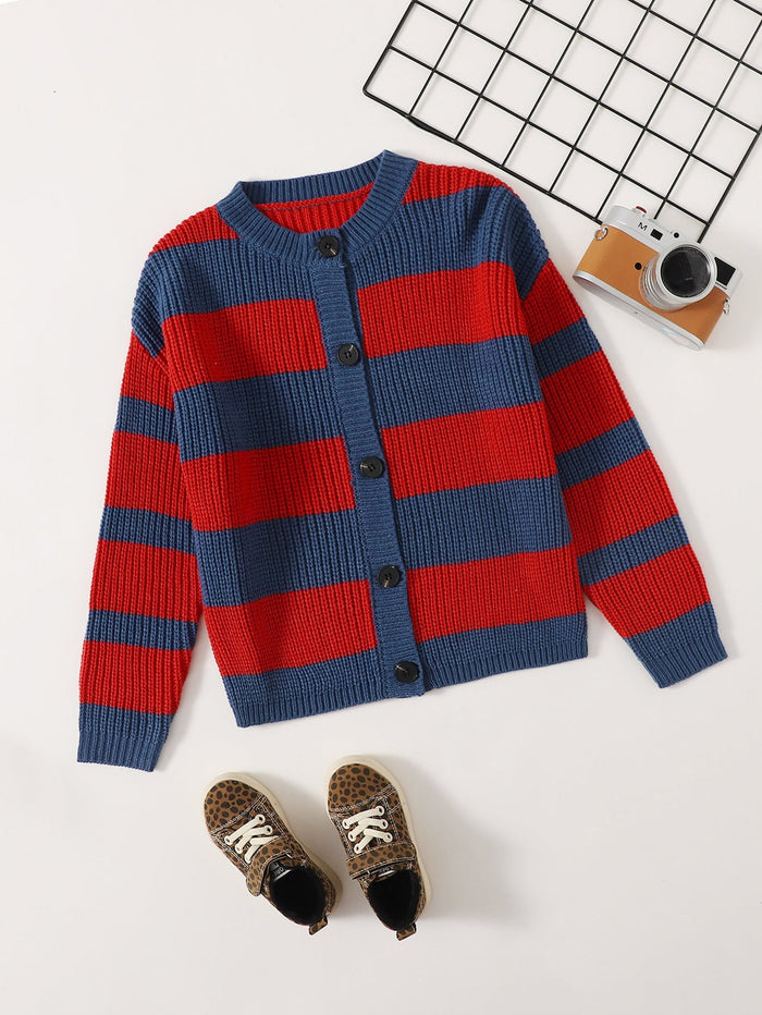 Girls Striped Button Front Drop Shoulder Cardigan