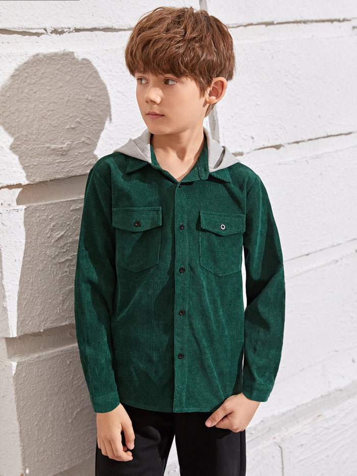 Boys Button Front Hooded Corduroy Shirt