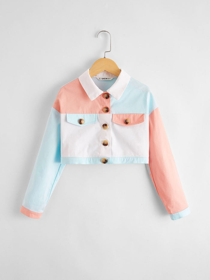 Girls Color Block Flap Detail Crop Jacket