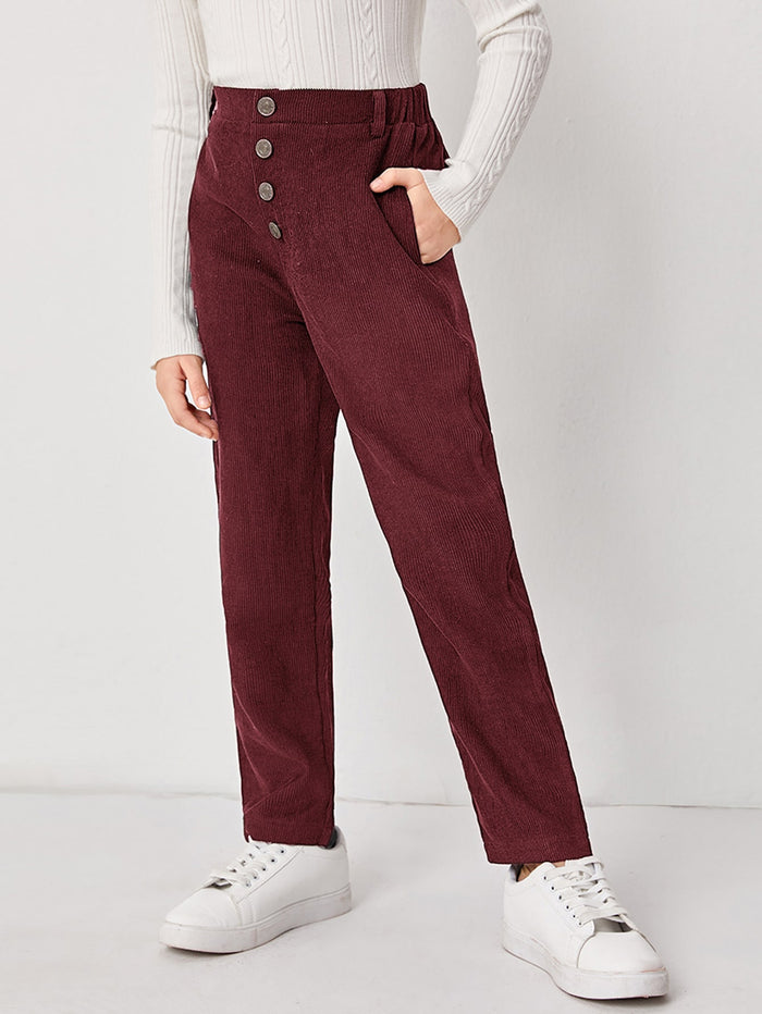 Girls Button Front Corduroy Pants Maroon
