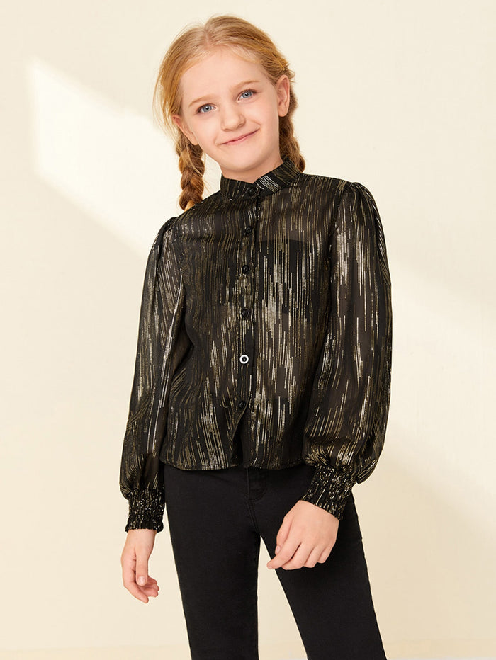 Girls Lantern Sleeve Glitter Chiffon Semi Sheer Blouse