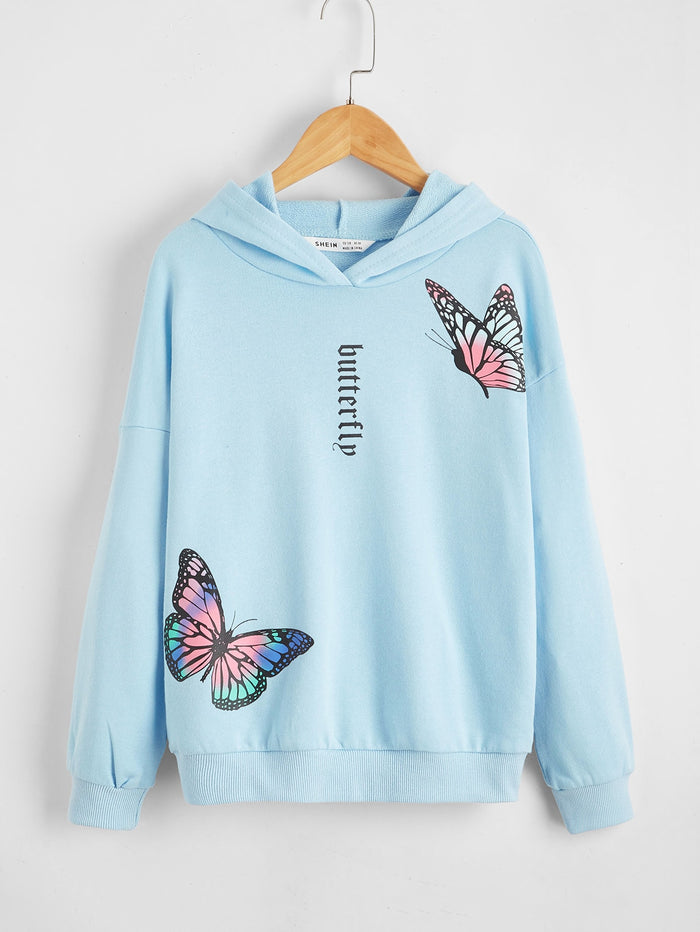 Girls Drop Shoulder Letter and Butterfly Print Hoodie Baby Blue