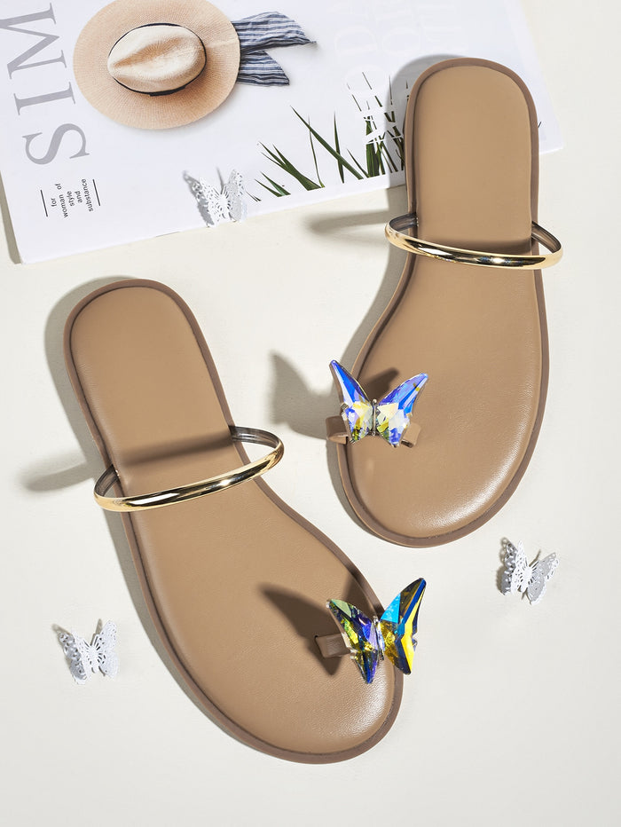 Butterfly Decor Toe Loop Slide Sandals Brown