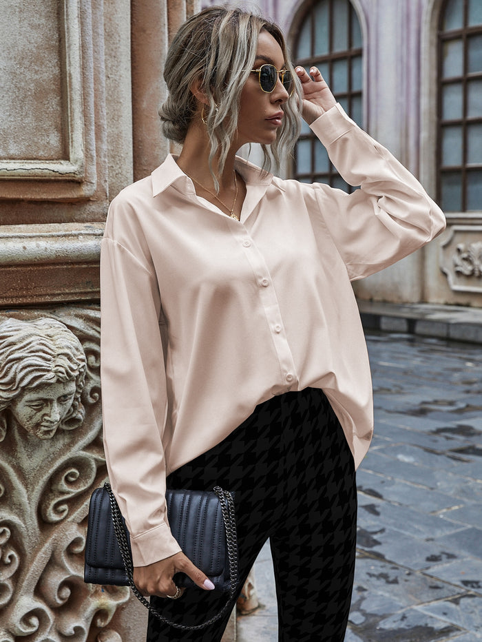 Solid Button-Front Drop Shoulder Shirt Pink