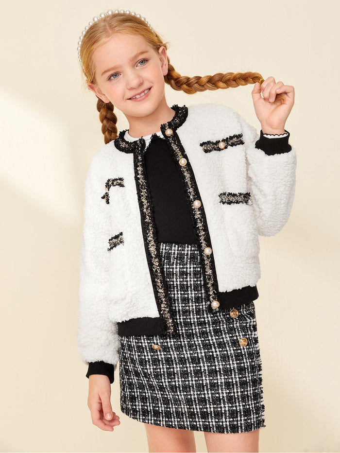 Girls Button Front Tape Detail Teddy Jacket