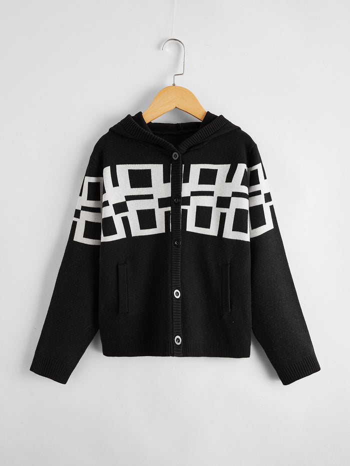 Boys Buttoned Front Graphic Pattern Hooded Cardigan