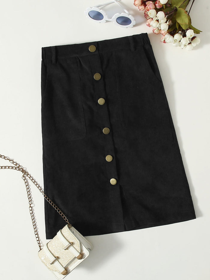 Girls Button Front Patch Pocket Cord Skirt Black