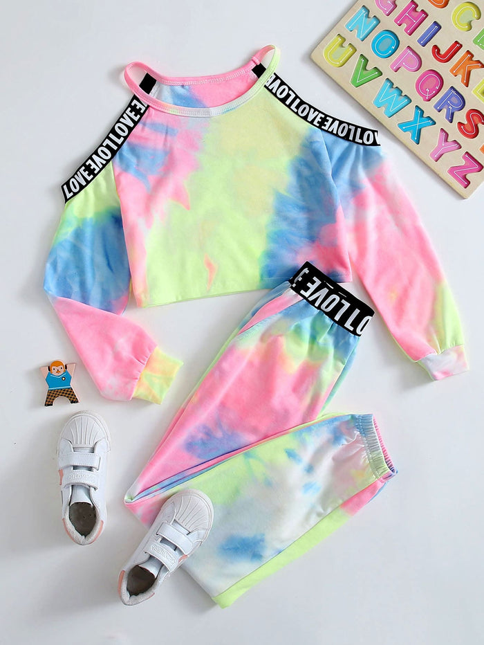 Girls Cold Shoulder Taped Detail Pullover & Tie Dye Sweatpants Set