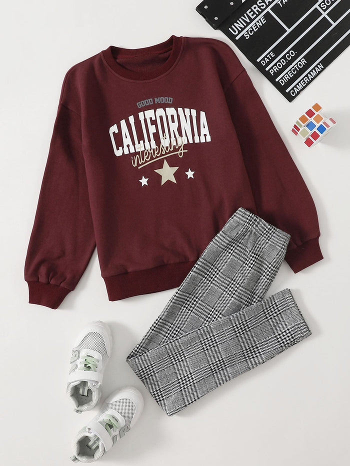Girls Letter Graphic Thermal Pullover & Plaid Leggings Set