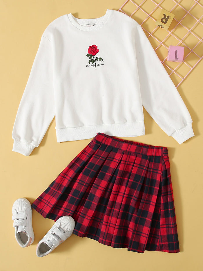 Girls Floral and Letter Print Pullover & Tartan Skirt Set