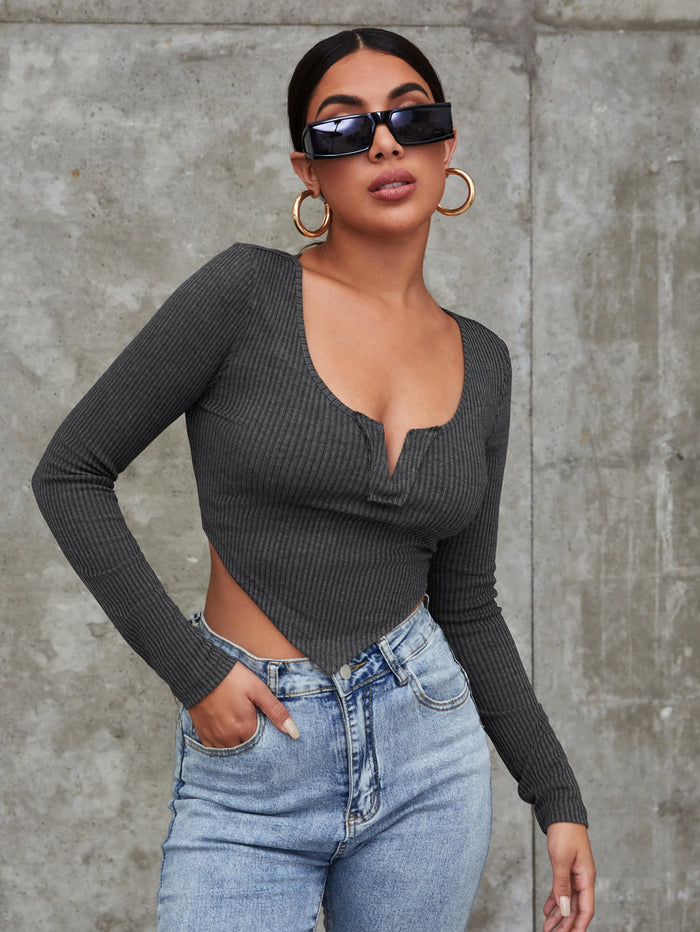 Notch Neck Asymmetrical Hem Crop Tee Dark Grey