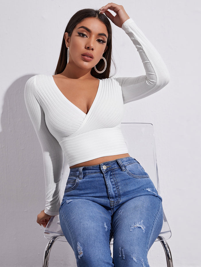 Solid Rib-knit Crop Tee White