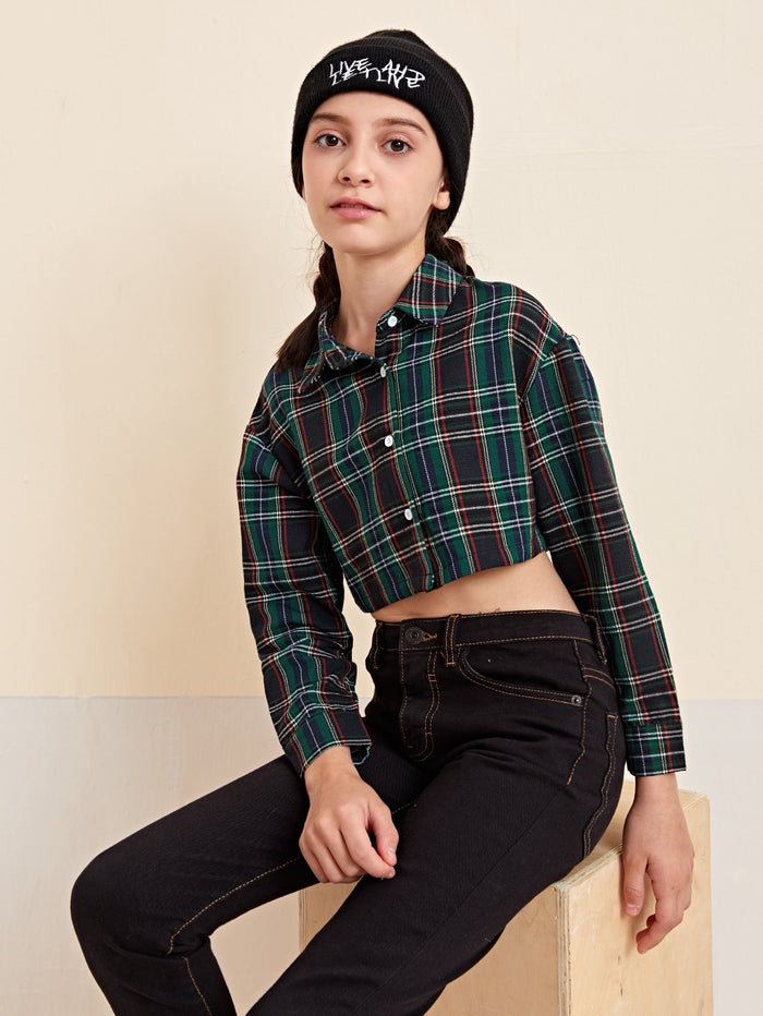 Girls Collared Tartan Crop Blouse