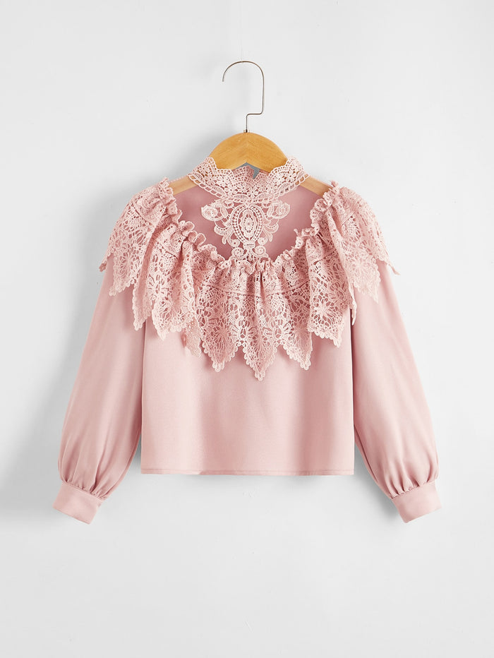 Girls Mock-Neck Mesh Yoke Guipure Lace Trim Top