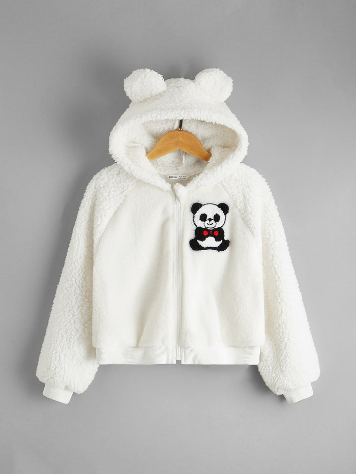 Girls Panda Patched Ear Detail Teddy Jacket