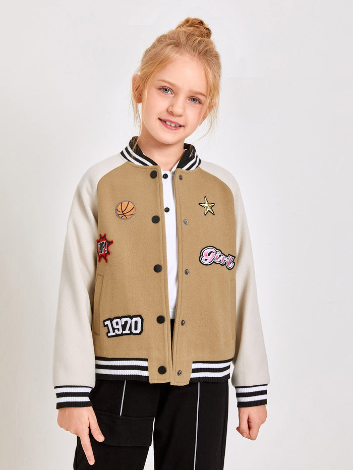 Girls Patched Detail Striped Trim Raglan Sleeve Bomber Jacket