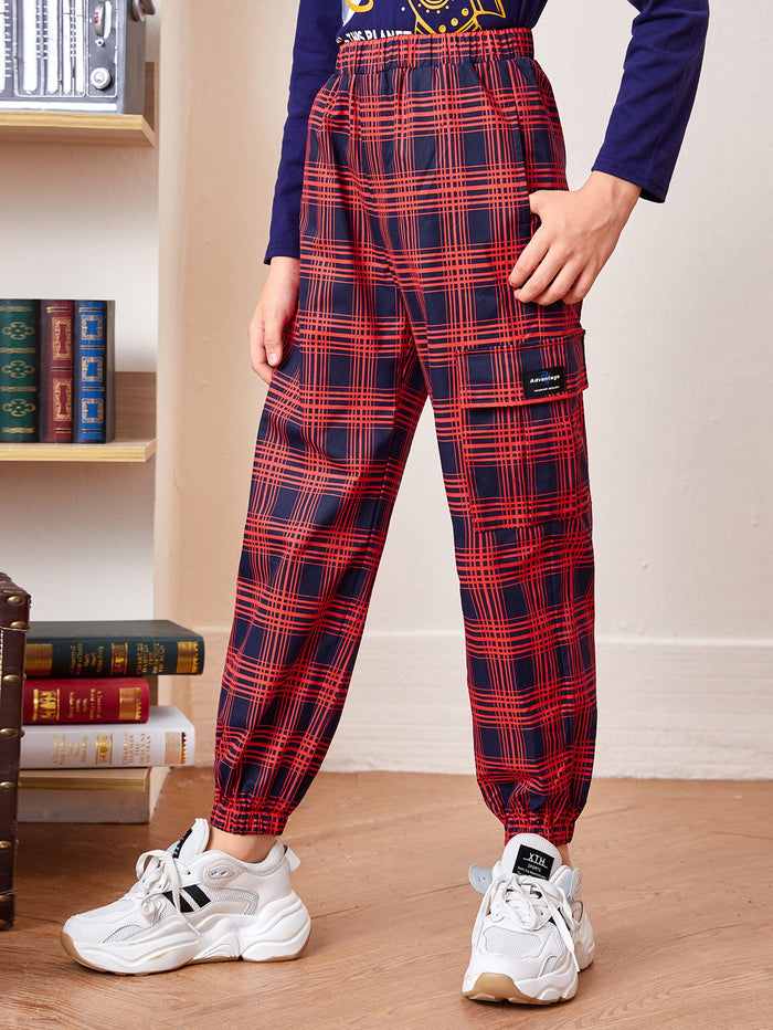 Boys Flap Pocket Patched Tartan Wind Pants