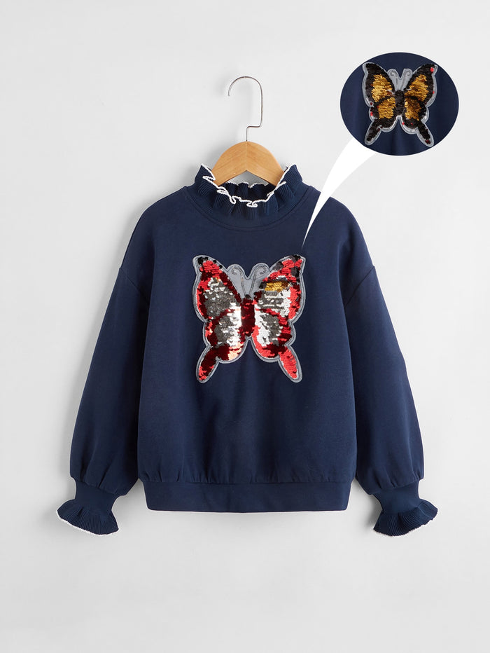 Girls Sequin Butterfly Detail Ruffle Trim Pullover