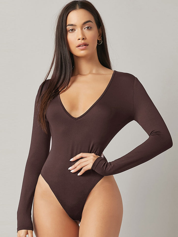 BASICS Plunging Neck Solid Fitted Bodysuit Coffee Brown