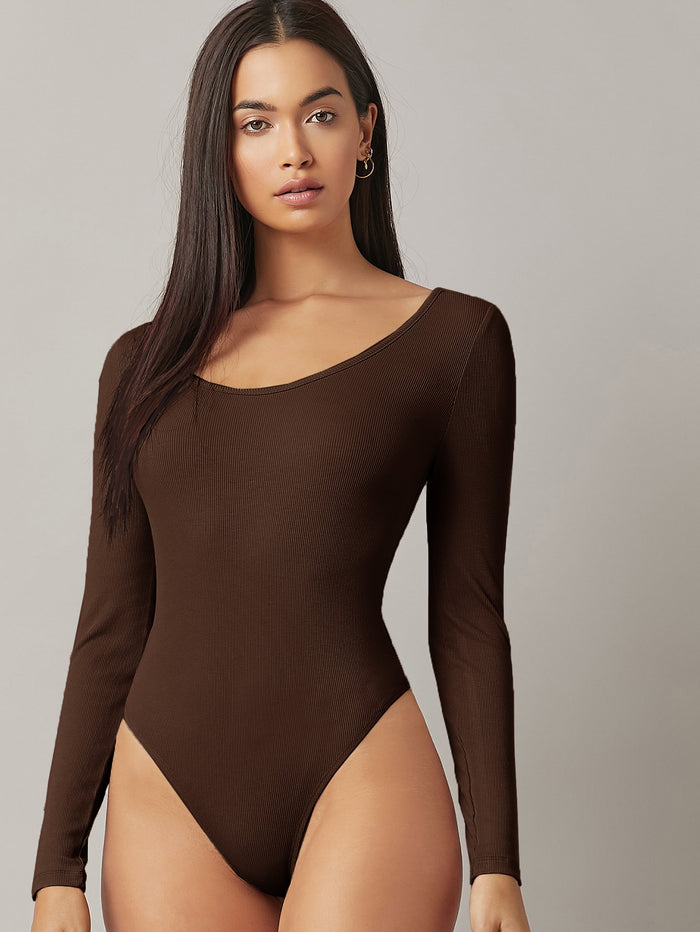 BASICS Form Fitted Solid Bodysuit Coffee Brown