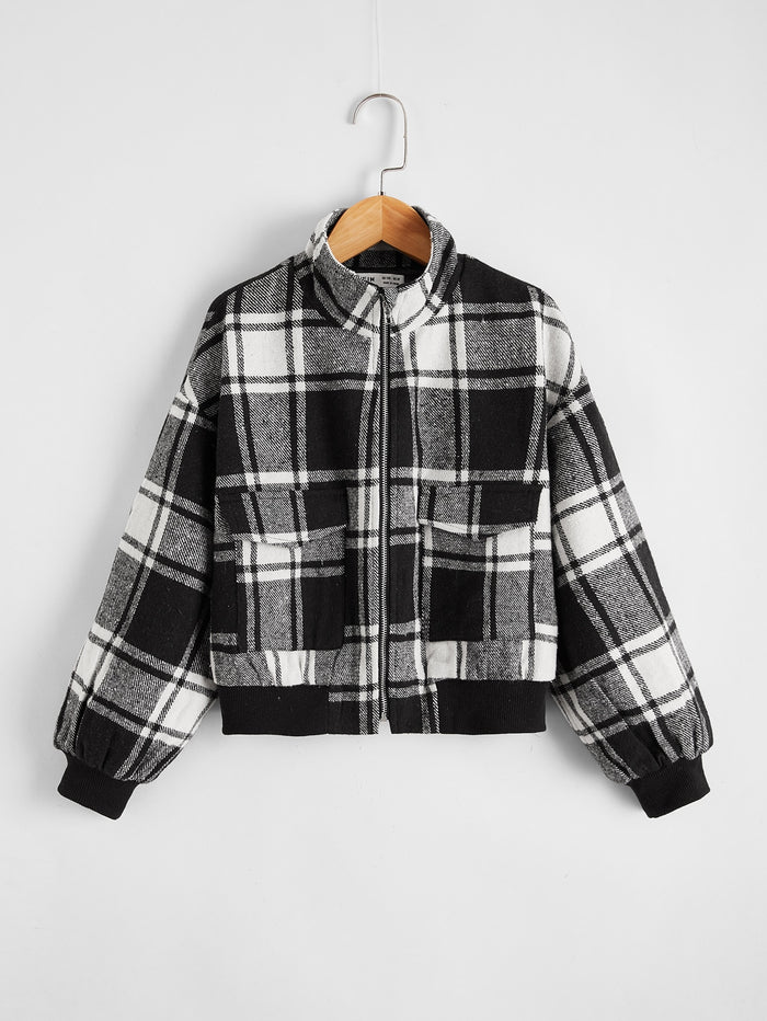 Girls Plaid Drop Shoulder Zip Up Jacket