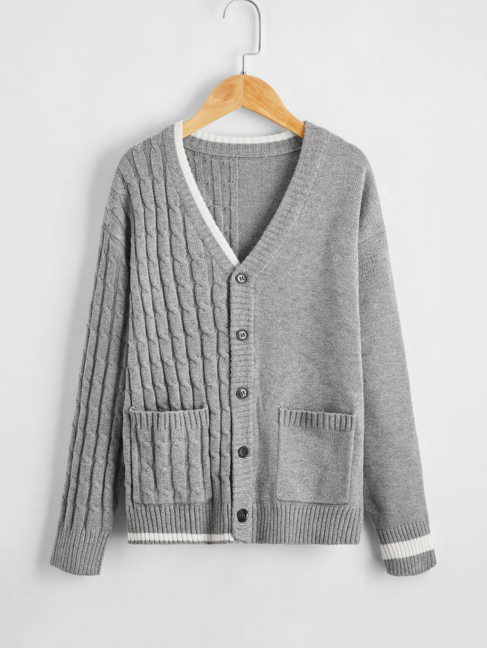 Boys Cable Knit Panel Pocket Front Button Up Cardigan