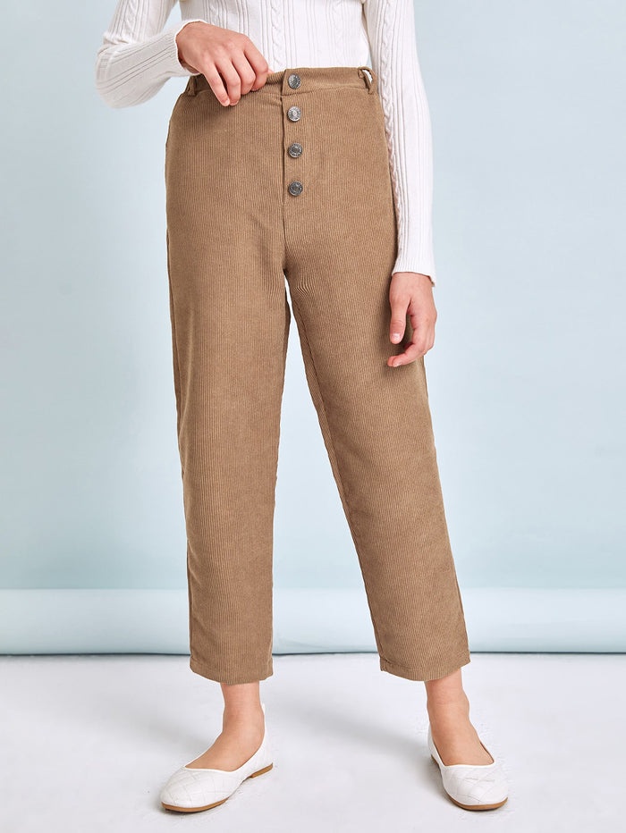 Girls Button Front Corduroy Pants Mocha Brown