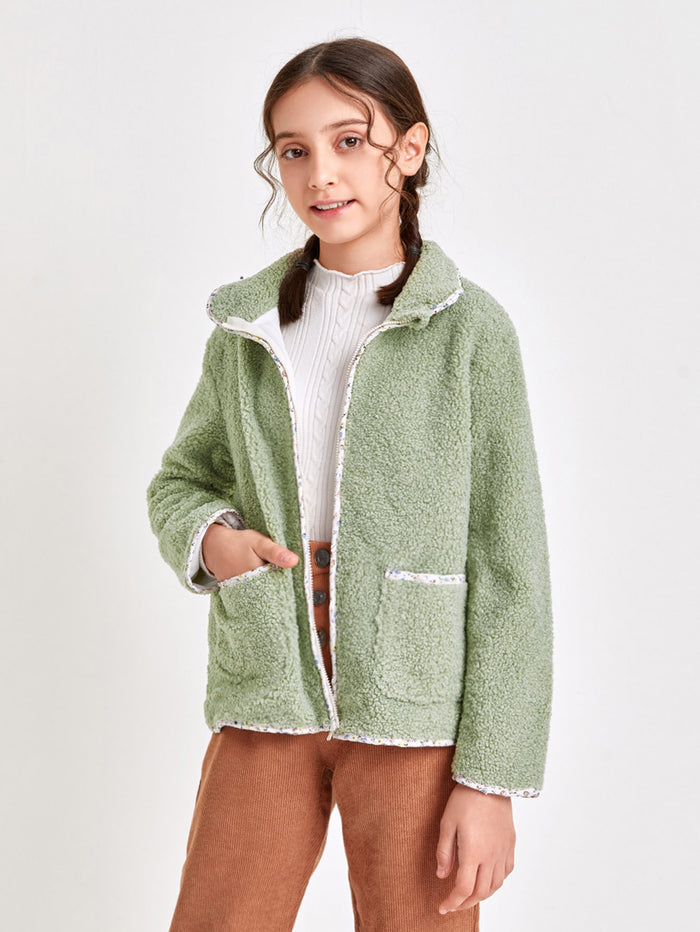 Girls Zip Up Pocket Front Contrast Trim Teddy Coat