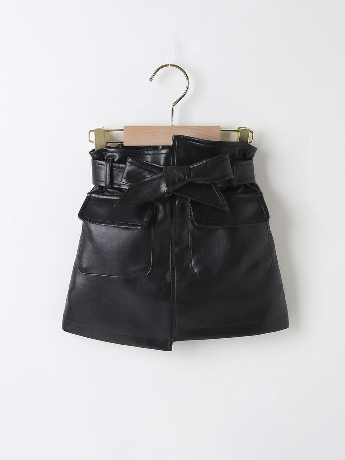 Toddler Girls Flap Pocket Belted PU Skirt Black