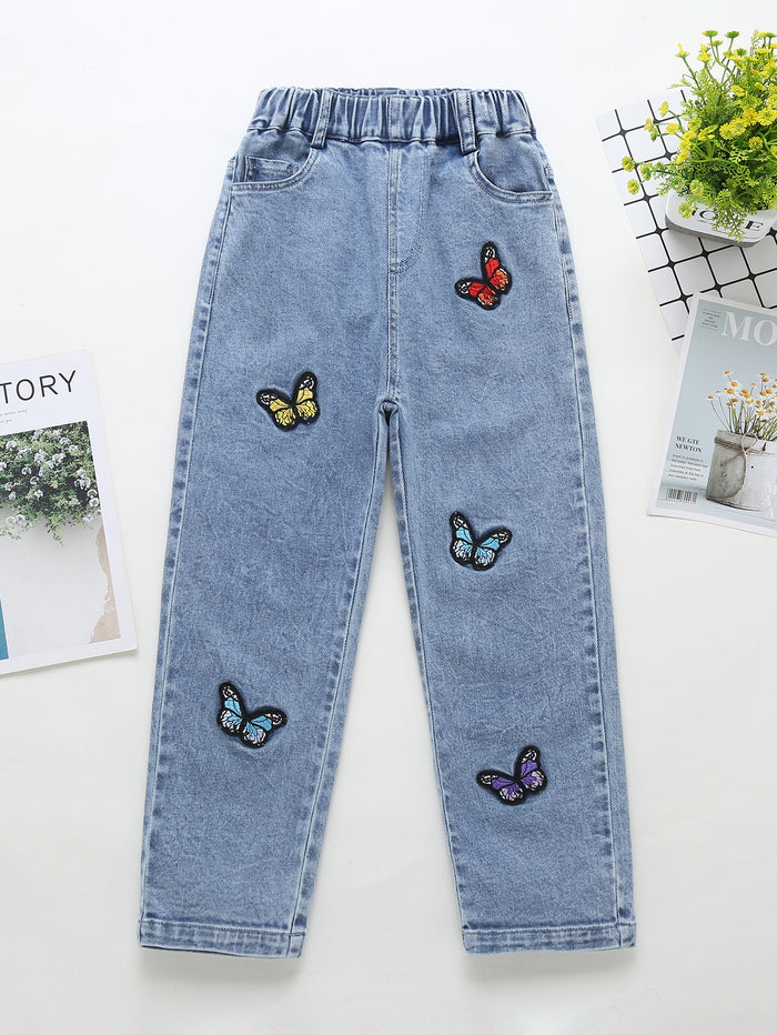 Girls Butterfly Patched Straight Leg Jeans