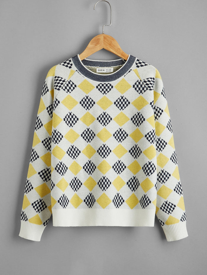 Boys Raglan Sleeve Argyle Pattern Sweater