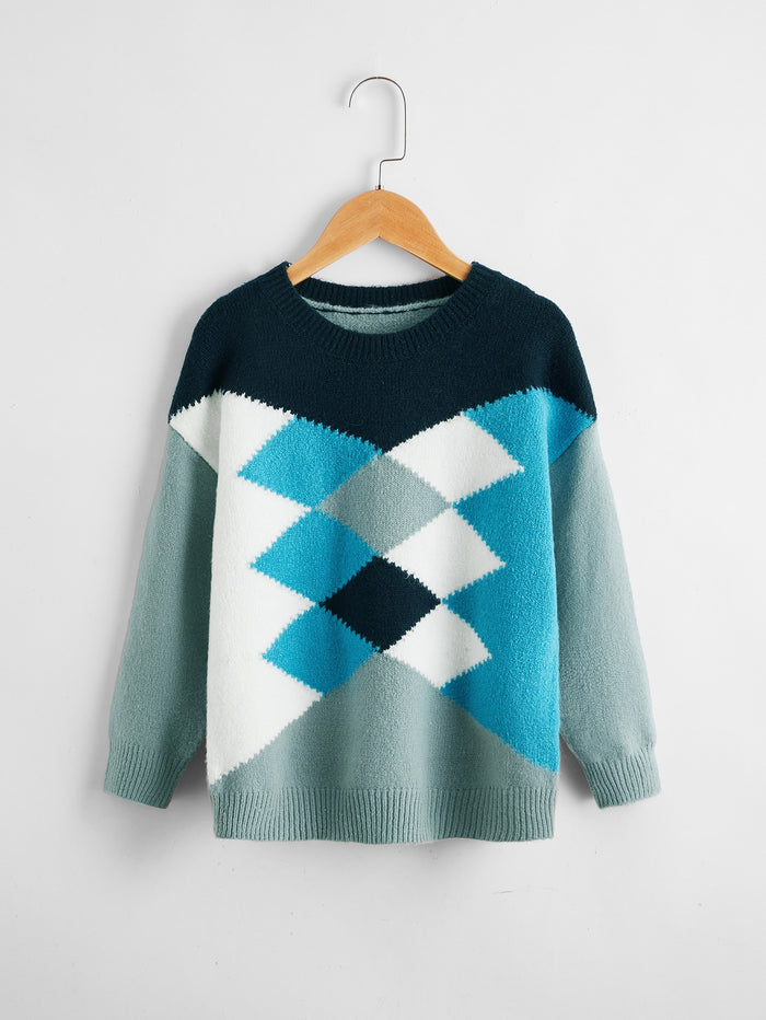 Boys Drop Shoulder Argyle Pattern Colorblock Sweater