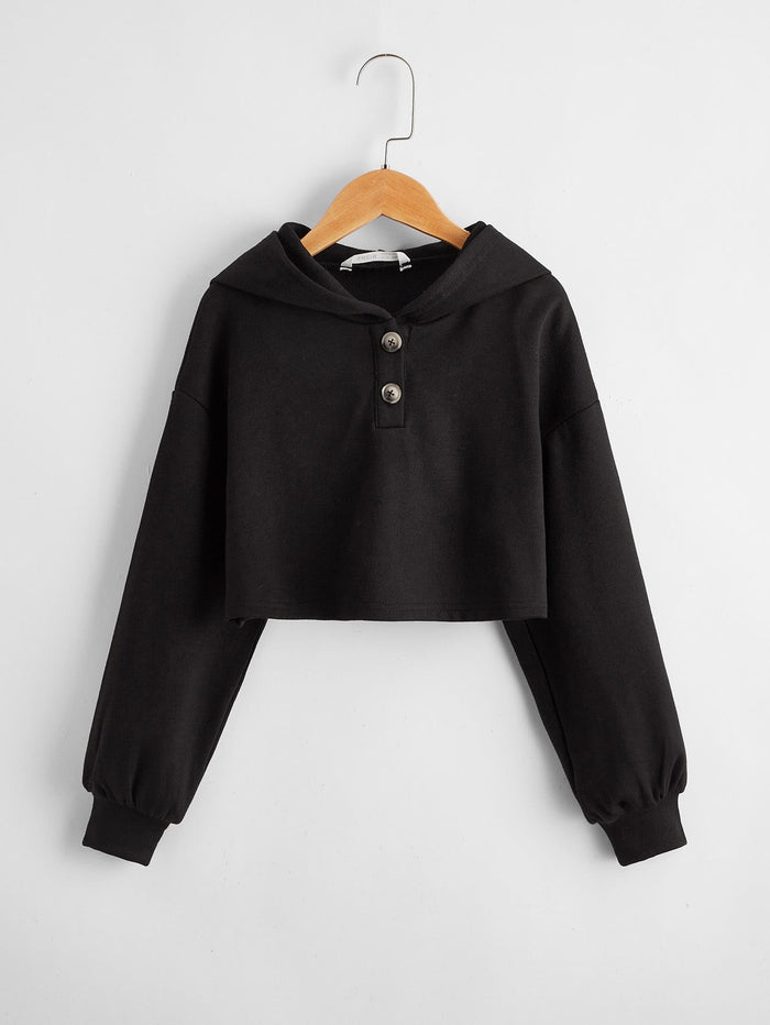 Girls Drop Shoulder Half Button Placket Crop Pullover