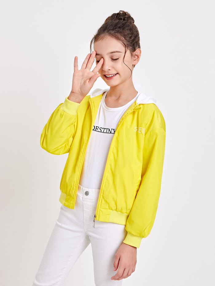 Girls Letter Embroidery Zip Up Hooded Jacket