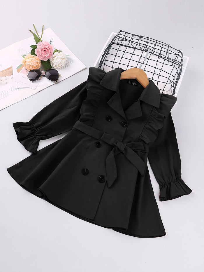 Toddler Girls Double Breasted Ruffle Trim Belted Trench Coat Black